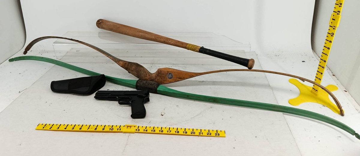 WOOD BASEBALL BAT, SHAKESPEARE ARCHERY RECURVE BOW, GREEN FIBERGLASS BOW & MARKSMAN REPEATER BB PISTOL WITH HOLSTER  INV 260901116