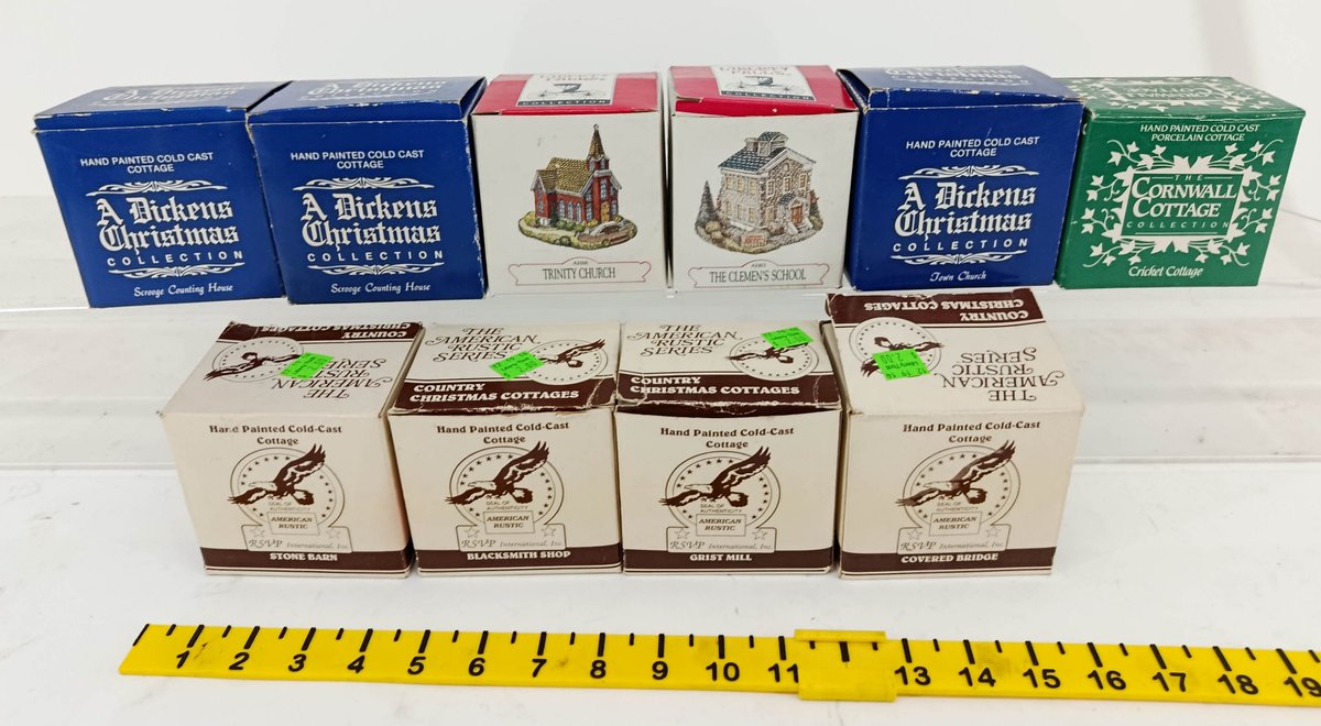 10 ASSORTED HAND PAINTED COLD CAST CHRISTMAS COTTAGES, DICKENS & AMERICAN RUSTIC, 10 OBS  INV 262250066