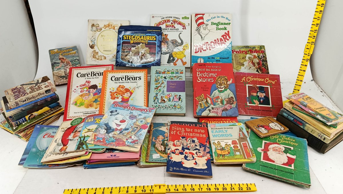 ASSORTED CHILDREN'S BOOKS CARE BEARS CAT IN THE HAT SESAME STREET GOLDEN BOOKS CHRISTMAS & STEGOSAURUS WOODKIT NNC  INV 260901123