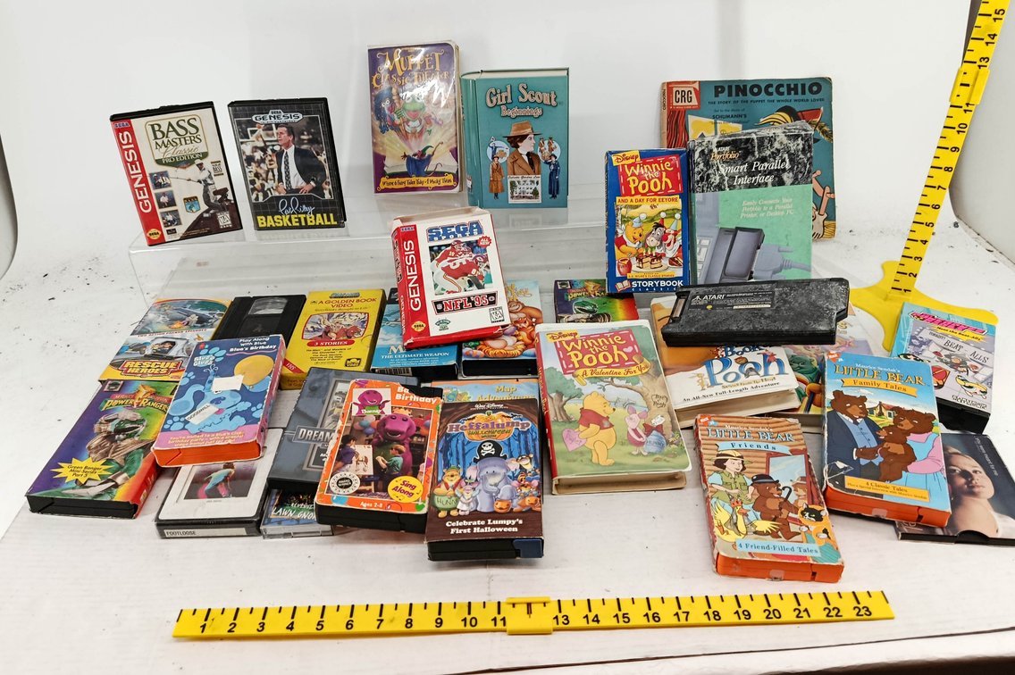 ASSORTED VHS TAPES WINNIE THE POOH BARNEY BLUE'S CLUES POWER RANGERS & SEGA GENESIS GAMES ATARI PORTFOLIO SOME OBS  INV 260901125
