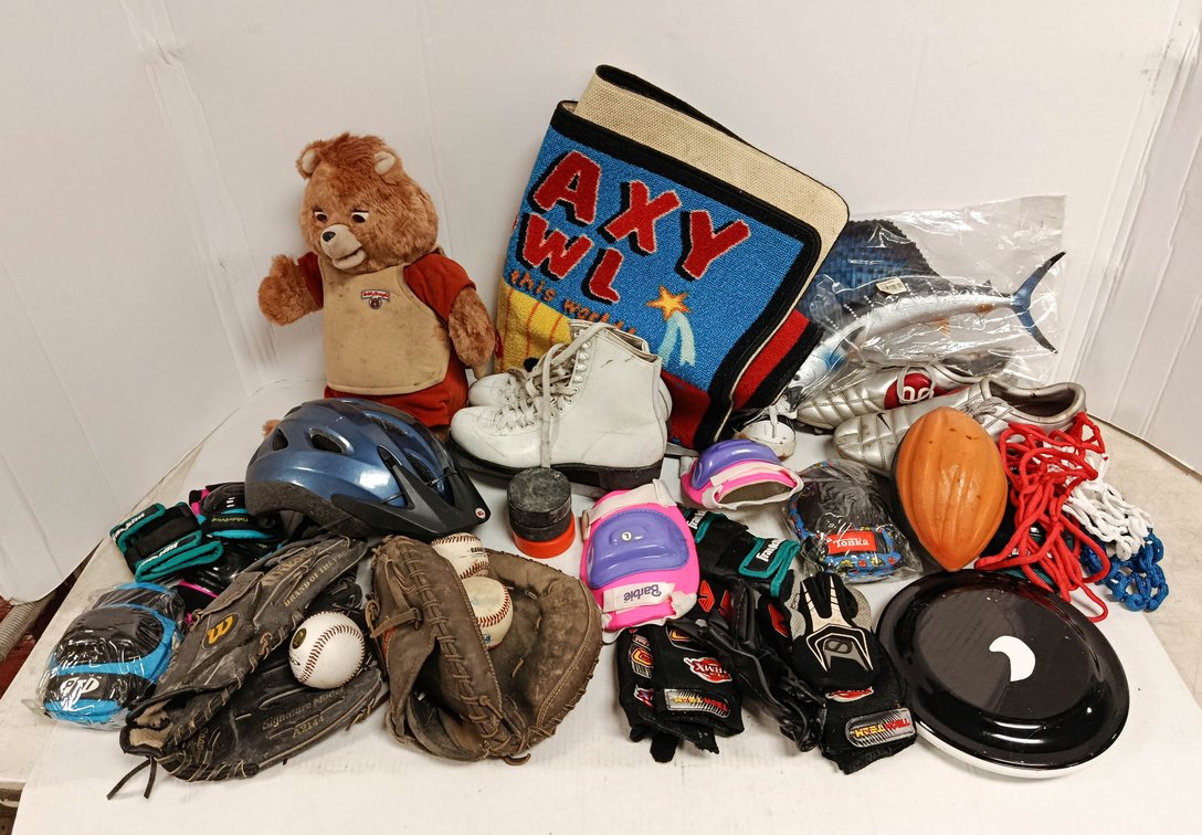 ASSORTED SPORTS GEAR WILSON BASEBALL GLOVES FIGURE SKATES PADS HELMET TEDDY RUXPIN BEAR RUG NIKE CLEATS & MORE  INV 260901126
