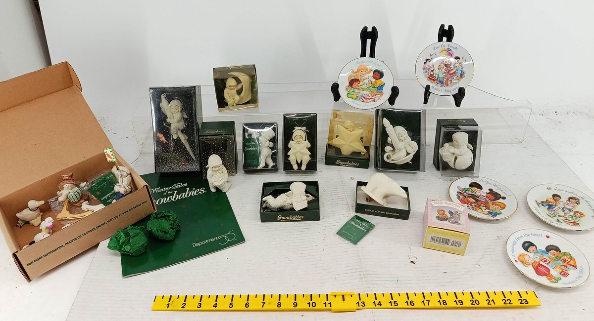 ASSORTED DEPARTMENT 56 SNOWBABIES BISQUE ORNAMENTS & AVON MOTHER'S DAY MINI PLATES HALLMARK MERRY MINIATURES SOME OBS  INV 260901135