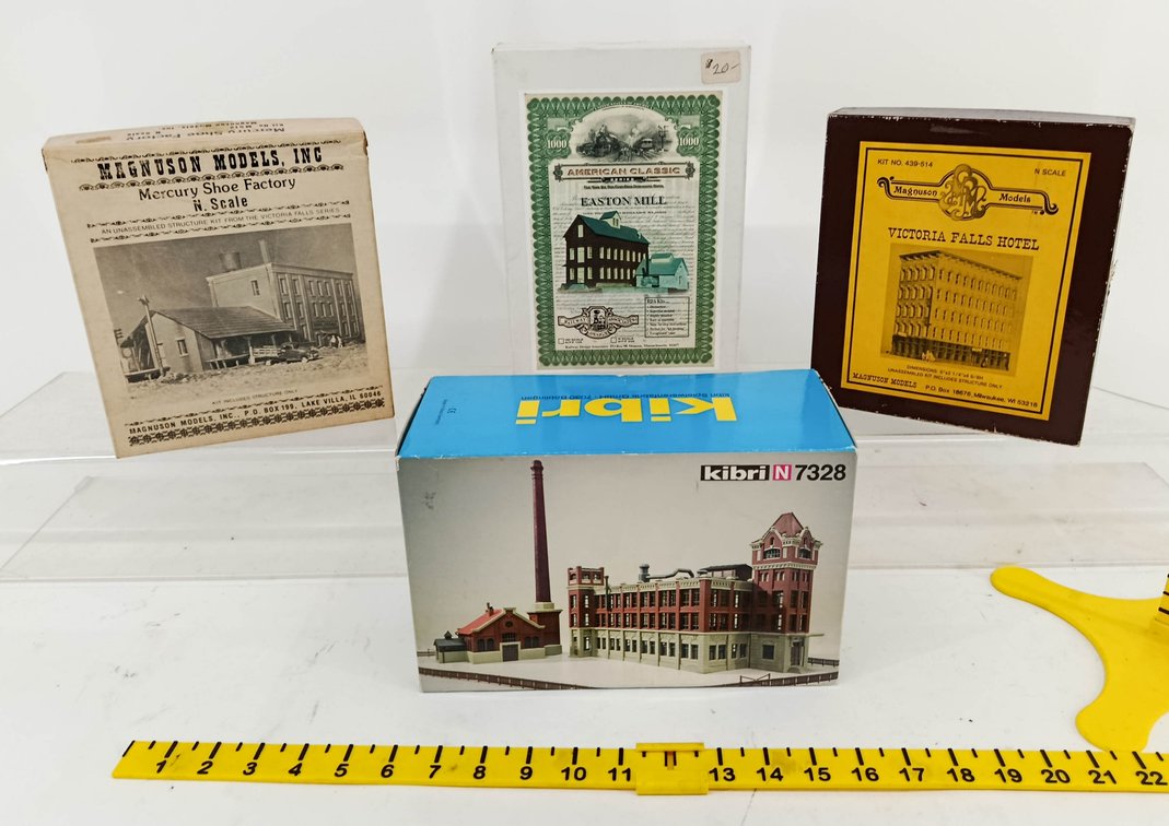 4 N SCALE BUILDING KITS MAGNUSON KIBRI 7328 RDA EASTON MILL, 4 OBS NNC  INV 262250088