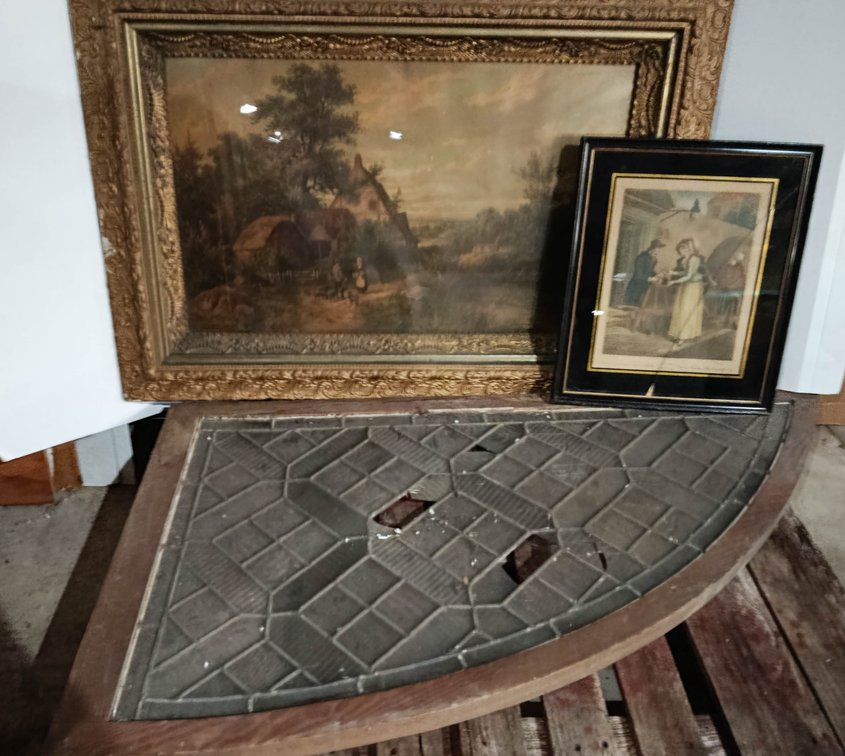 2 FRAMED PRINTS GILT GESSO FRAME LANDSCAPE & EBONIZED FRAME FIGURES WITH CORNER LEADED GLASS PANEL  INV 260901141