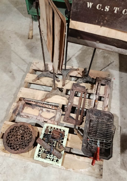 ASSORTED CAST IRON SCHOOL DESK FRAMES, FLOOR VENT GRATES, FIREPLACE PARTS & WCSTC STENCILED WOOD DESK TOPS  INV 260901143