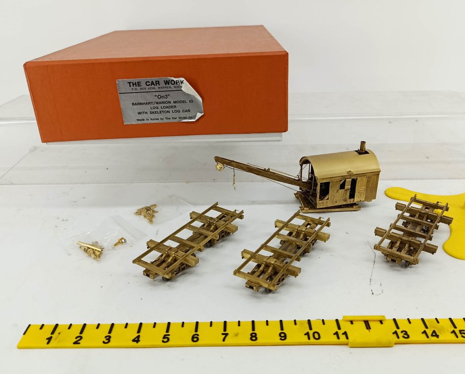 THE CAR WORKS NARROW GAUGE ON3 BARNHART/MARION MODEL 10 LOG LOADER & 3 SKELETON LOG CARS OB NNC  INV 262250117