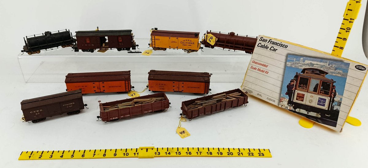 ASSORTED CERR & D&RG NARROW GAUGE FREIGHT CARS W/ TESTORS SF CABLE CAR KIT OB NNC  INV 262250119