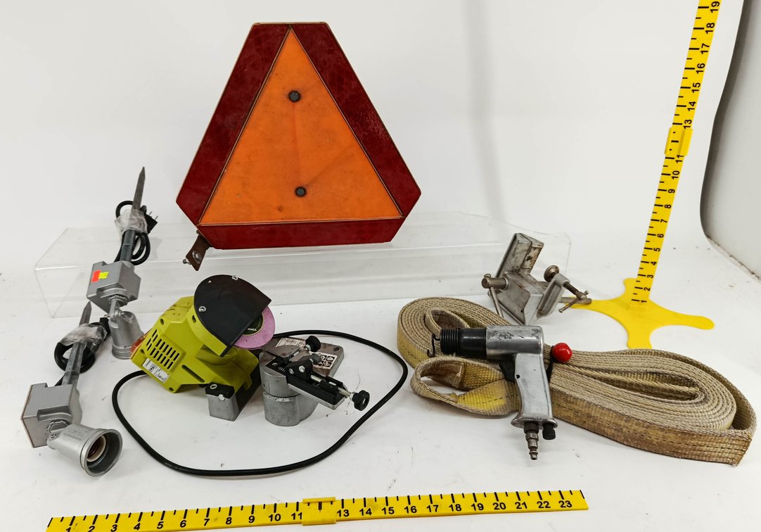 ASSORTED TOOLS SLOW MOVING VEHICLE SIGN CHAINSAW SHARPENER AIR HAMMER STANLEY CLAMP TOW STRAP & 2 LIGHT STAKES  INV 262250146