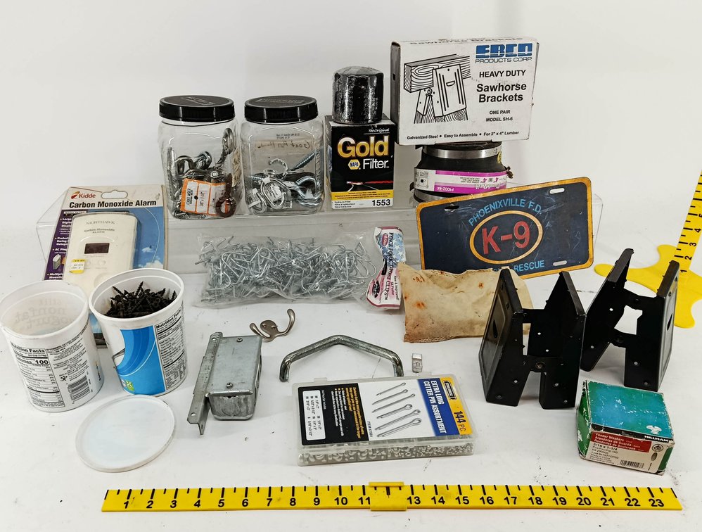 ASSORTED HARDWARE KIDDE CARBON MONOXIDE ALARM EBCO SAWHORSE BRACKETS NAPA GOLD FILTER COTTER PINS PHOENIXVILLE FD K-9 PLATE SOME OBS  INV 262250147