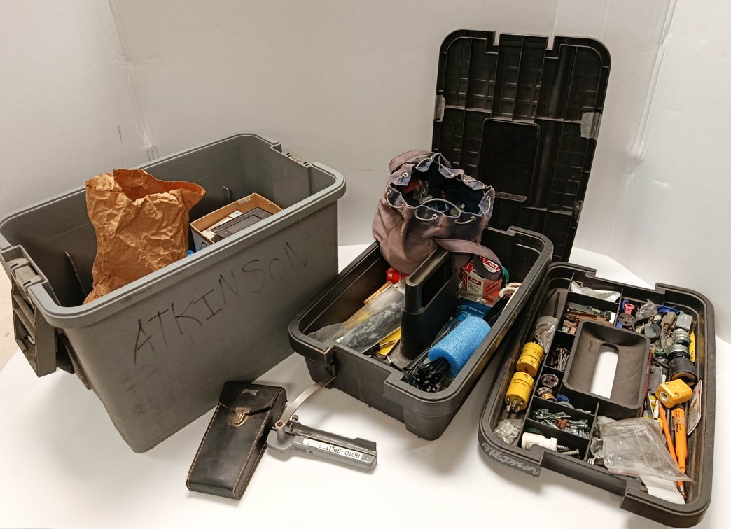ASSORTED ELECTRICIAN SUPPLIES IN 2 PLASTIC TOTES ROTO-SPLIT CABLE RIPPER WIRE NUTS CABLE TIES STAPLES PLUGS & MORE  INV 262250149