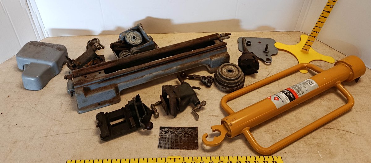 ASSORTED SMALL METAL LATHE PARTS BED GEARS TAILSTOCK THREADING CHART & COUNTYLINE 16 LB T-POST DRIVER  INV 262250167
