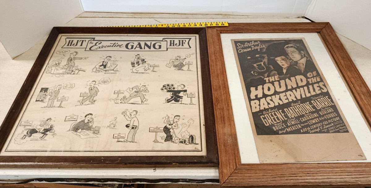 2 VINTAGE FRAMED POSTERS, THE HOUND OF THE BASKERVILLES AND THE EXECUTIVE GANG. ROUGHLY 24" FRAMES INV 262280218