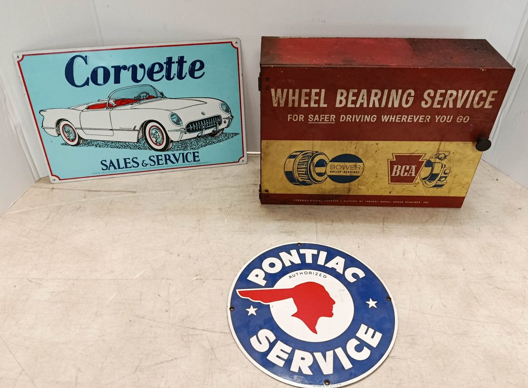 3 AUTOMOTIVE ADVERTISING SIGNS CORVETTE SALES & SERVICE PONTIAC SERVICE & BOWER BCA WHEEL BEARING SERVICE CABINET W/ CONTENTS  INV 262280267