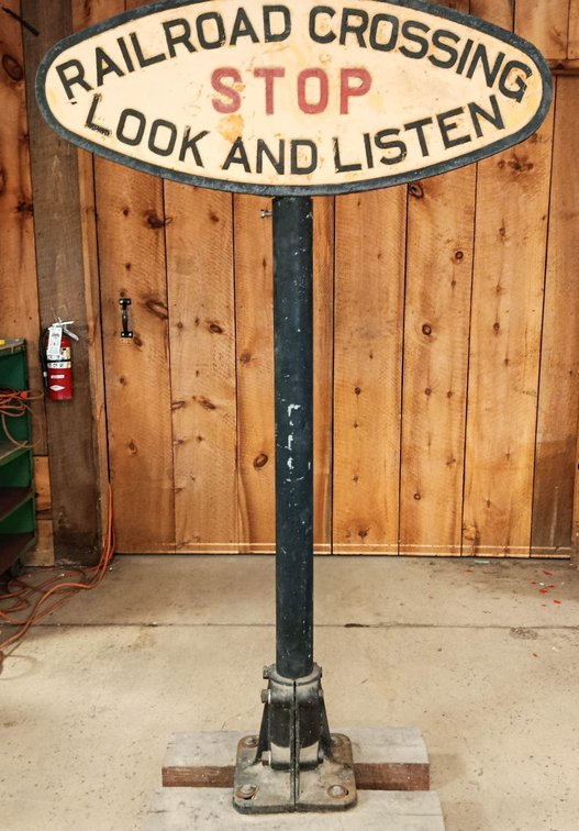 7' X 4' CAST IRON RAILROAD CROSSING/ STOP LOOK & LISTEN/ SIGN INV 262960012
