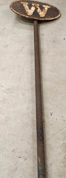 NO SHIPPING! 30" X 20" CAST WISTLE SIGN MOUNTED ON 7' METAL POST INV 262960029