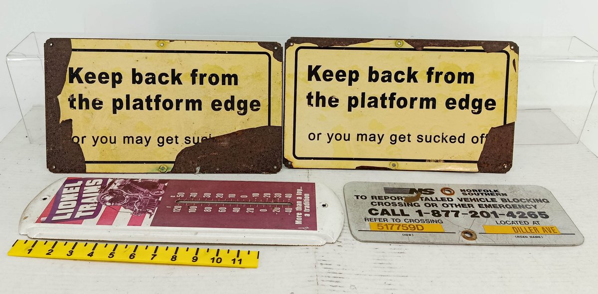2 RAIL PLATFORM INSTRUCTION SIGNS W/ LIONEL THERM. & NS ELECTRICAL SIGN INV 262960042