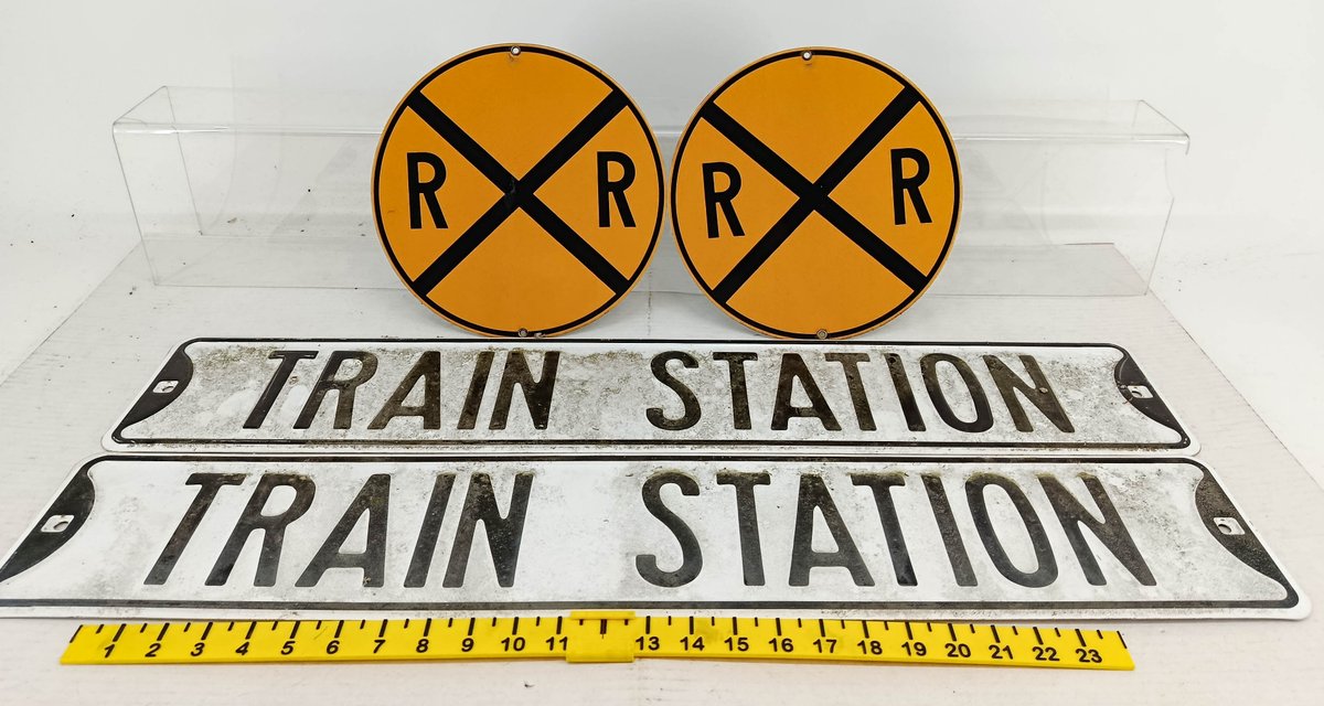 2 36"X 6" TIN TRAIN STATION SIGNS & 2 8" RR XING SIGNS INV 262960045