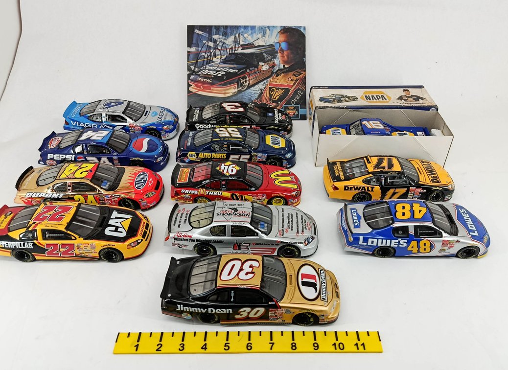 12 ASSORTED NASCAR DIE-CAST RACE CARS & NAPA TRUCK 1:24 SCALE SIGNED DRIVER CARD SOME OBS  INV 263400005