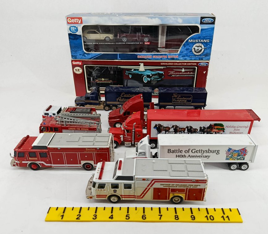ASSORTED DIE-CAST TRUCKS & FIRE APPARATUS GETTY FORD MUSTANG THUNDERBIRD CORGI BUDWEISER GETTYSBURG SOME OBS  INV 263400007