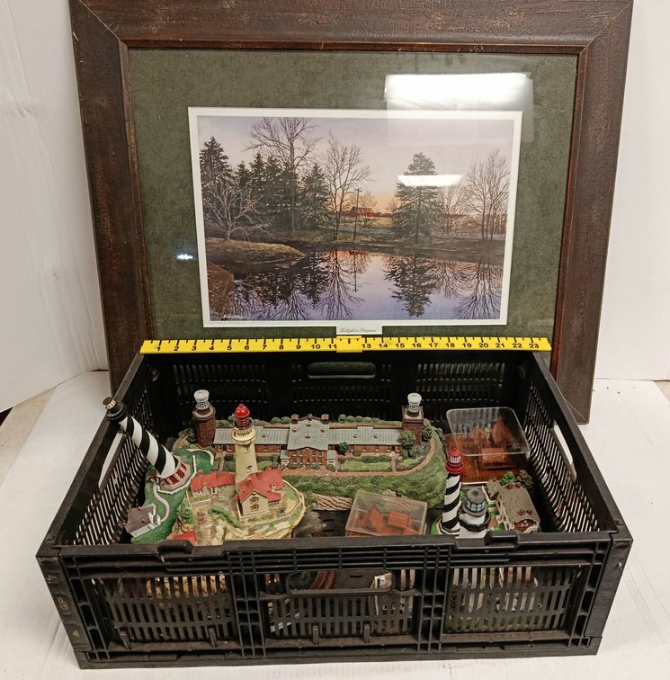 FRAMED TWILIGHT IN POREPSON LANDSCAPE PRINT & ASSORTED RESIN LIGHTHOUSE FIGURINES  INV 263400011
