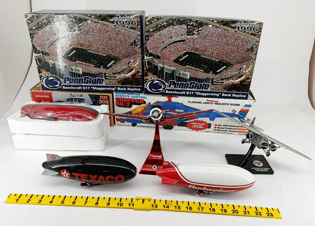 7 DIE-CAST BANKS & TOYS TEXACO BLIMP FIRE CHIEF BOAT BUDWEISER BLIMP PENN STATE BEECHCRAFT CHOPPER RX-7 SOME OBS  INV 263400012