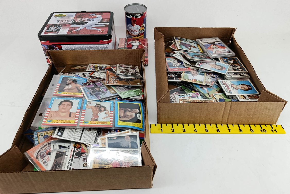 ASSORTED SPORTS TRADING CARDS BASEBALL HOCKEY BASKETBALL WWF TOPPS UPPER DECK FLEER TRIBUTE TO MCGWIRE TIN & PINNACLE CAN  INV 263400020