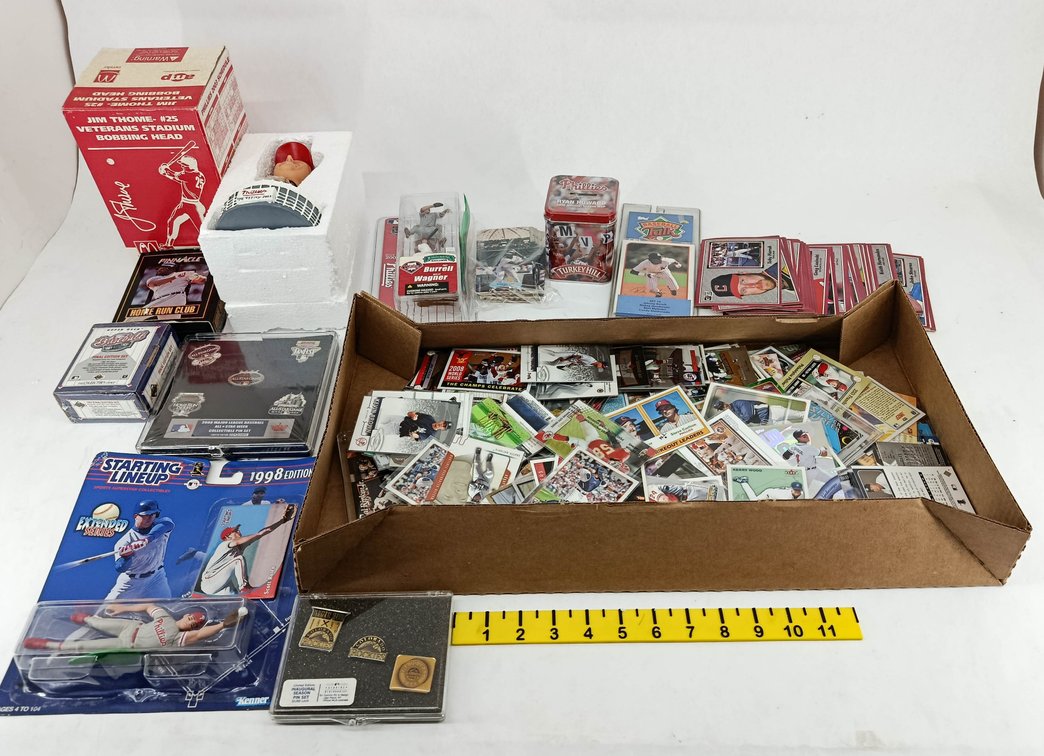 ASSORTED PHILLIES BASEBALL CARDS, JIM THOME BOBBLEHEAD, STARTING LINEUP, MCFARLANE FIGURE, PIN SETS SOME OBS  INV 263400021