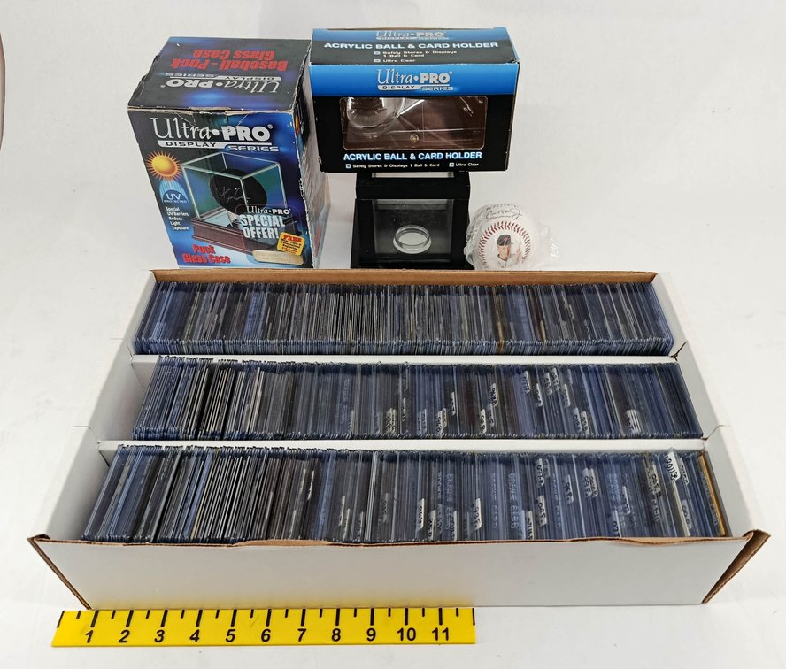 LARGE ASSORTED BASEBALL CARDS TOPPS UPPER DECK PHILLIES & MORE IN TOPLOADERS WITH 2 ULTRA PRO BALL DISPLAY CASES 2 OB  INV 263400022