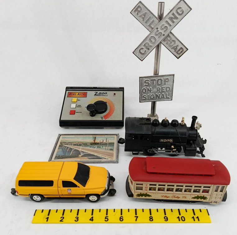 LIONEL O GAUGE 8209 STEAM LOCO, VILLAGE TROLLEY, UP RAIL TRUCK, RAIL KING Z-500 CONTROLLER & CROSSING SIGN  INV 263400027