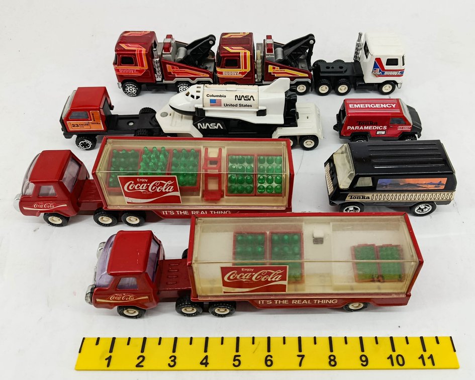 7 BUDDY L & TONKA DIE-CAST TRUCKS NASA SHUTTLE HAULER COCA-COLA SEMIS TOW TRUCKS PARAMEDICS VAN  INV 263400040