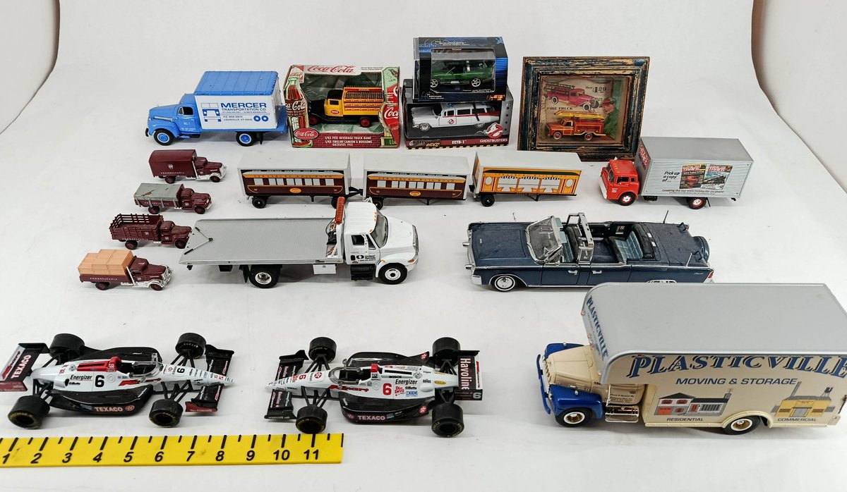 ASSORTED DIE-CAST VEHICLES MERCER TRANSPORTATION PLASTICVILLE MOVING COCA-COLA GHOSTBUSTERS ECTO-1 INDY CARS SOME OBS  INV 263400065