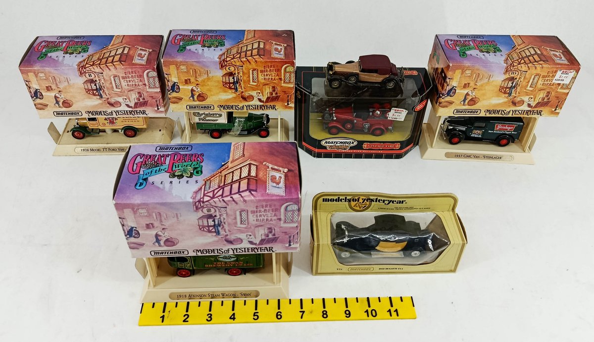 6 MATCHBOX MODELS OF YESTERYEAR DIE-CAST VEHICLES BECK'S CARLSBERG STEINLAGER SWAN BUGATTI T44 FORD MODEL A 6 OB  INV 263400067