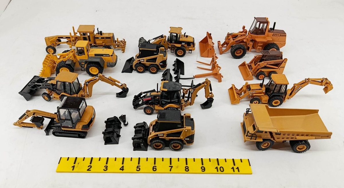 ASSORTED DIE-CAST CONSTRUCTION VEHICLES CAT CASE DEERE KOMATSU LOADERS BACKHOES GRADER EXCAVATOR DUMP TRUCK & ATTACHMENTS  INV 263400069