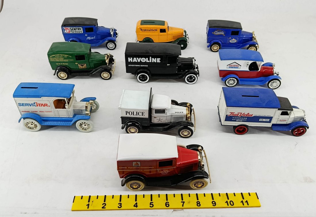 10 ASSORTED DIE-CAST ADVERTISING TRUCK BANKS CITGO HAVOLINE SEARS TRUE VALUE SERVISTAR SENTRY & OTHERS  INV 263400072