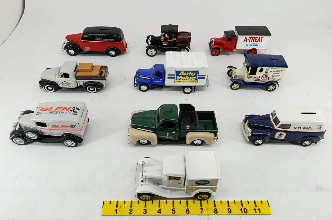 10 DIE-CAST ADVERTISING BANK VEHICLES ACE HARDWARE AUTO VALUE US MAIL A-TREAT SEARS THE GLEN & MORE  INV 263400076