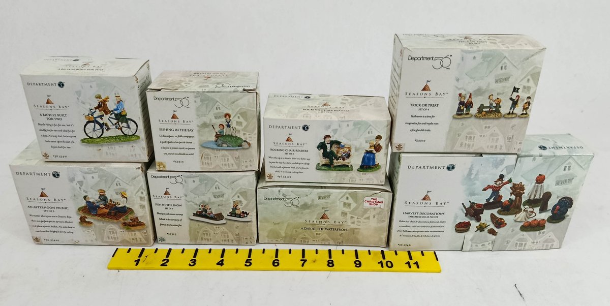 8 DEPARTMENT 56 SEASONS BAY FIGURINE SETS PICNIC BICYCLE TRICK OR TREAT HARVEST FISHING SNOW 8 OB  INV 263400077