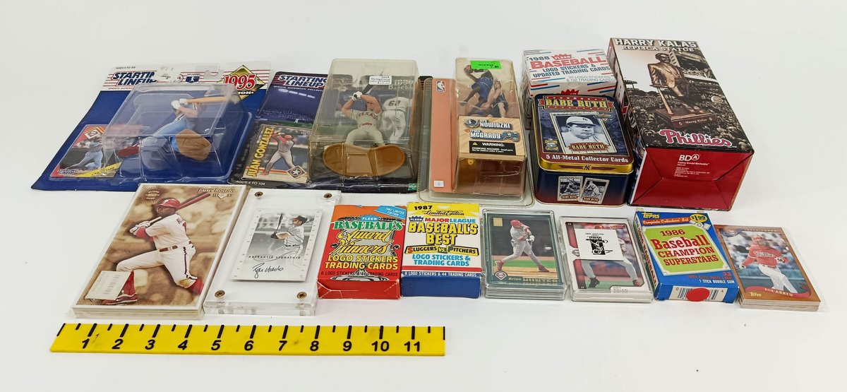ASSORTED PHILLIES BASEBALL CARDS STARTING LINEUP FIGURES KALAS STATUE BABE RUTH TIN FLEER TOPPS SOME OBS  INV 263400081