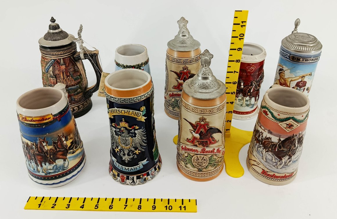 9 BUDWEISER ANHEUSER-BUSCH & GERMAN CERAMIC BEER STEINS SOME PEWTER LIDS CLYDESDALES JIM THORPE ZOLLER & BORN  INV 263400080