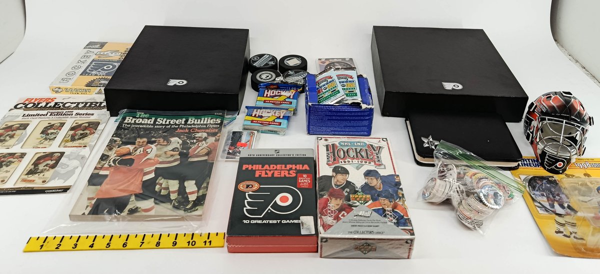 ASSORTED PHILADELPHIA FLYERS HOCKEY MEMORABILIA CARDS PUCKS BROAD STREET BULLIES BOOK MINI GOALIE MASK SOME OBS  INV 263400084