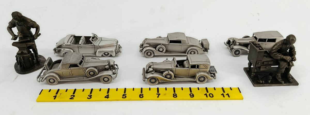 5 DANBURY MINT PEWTER CARS 1932 CHRYSLER ROADSTER 1937 PACKARD '48 FORD & 2 FRANKLIN MINT FIGURINES  INV 263400085
