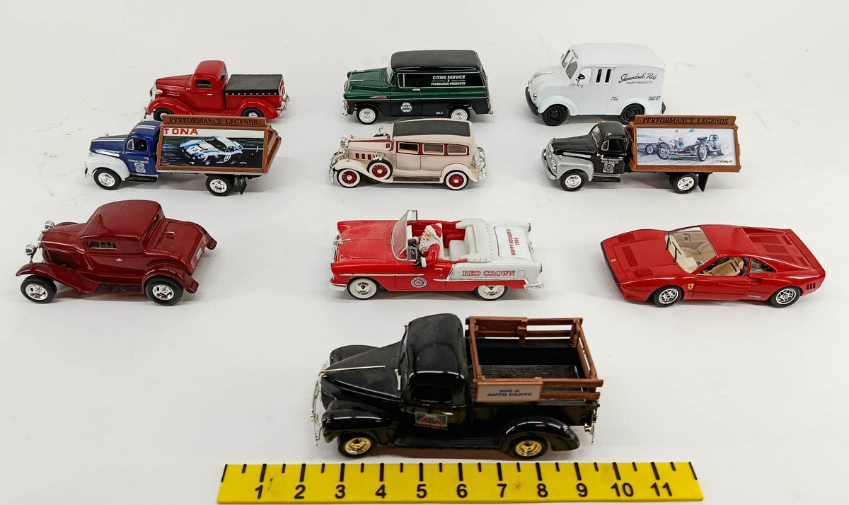 10 ASSORTED DIE-CAST VEHICLES CITIES SERVICE RED CROWN BIG A AUTO PARTS PERFORMANCE LEGENDS FERRARI & OTHERS  INV 263400092