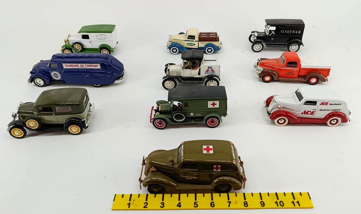 10 ASSORTED DIE-CAST BANK VEHICLES STANDARD OIL AGWAY ACE HARDWARE BIG A AUTO PARTS GRAYBAR US ARMY AMBULANCES & MORE  INV 263400095