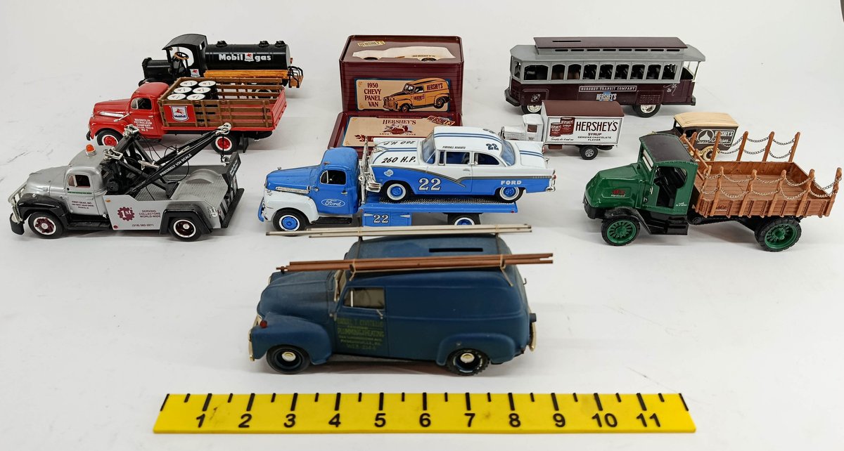 9 ASSORTED DIE-CAST VEHICLES HERSHEY'S ERTL FIRST GEAR MOBIL ACE HARDWARE TOW TRUCK & TROLLEY  INV 263400100
