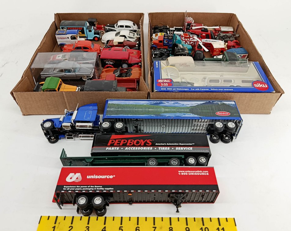 ASSORTED DIE-CAST VEHICLES SIKU CAR WITH CARAVAN PETERBILT SEMI TRUCK PEPBOYS & UNISOURCE TRAILERS  INV 263400103