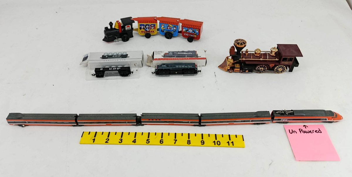 ASSORTED N SCALE TGV TRAIN SET, WIND-UP TIN TRAIN & STEAM LOCOMOTIVE, 2 OBS  INV 263400129