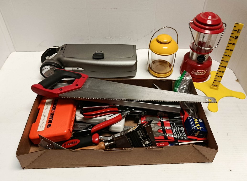 ASSORTED HAND TOOLS HAND SAW BLACK & DECKER DRIVER BITS GOLDBLATT TAPING TOOL PLIERS & 2 LANTERNS COLEMAN FLASHLIGHT  INV 263400130