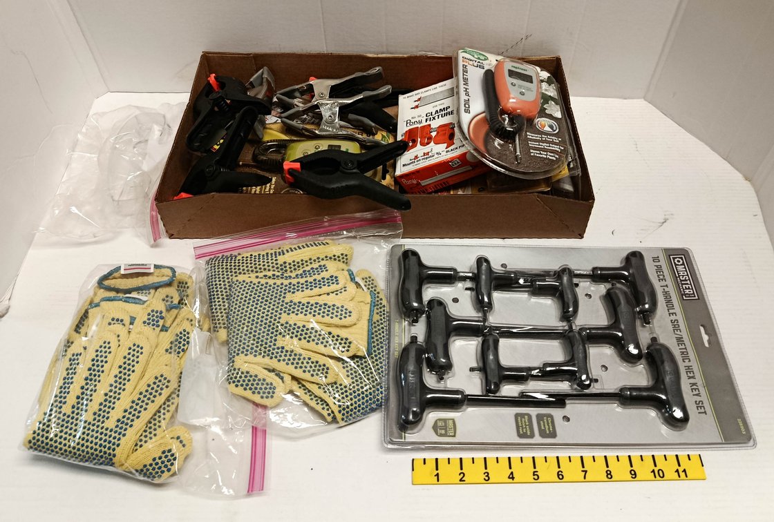 ASSORTED TOOLS MASTER MECHANIC HEX KEY SET RAPITEST METERS PONY CLAMP FIXTURE CLAMPS GLOVES & MORE SOME OBS  INV 263400131