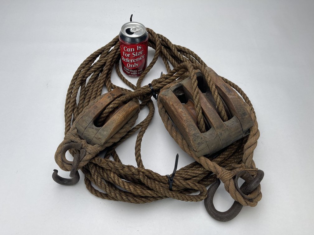 Vintage Wood and Iron Block and Tackle Double Pulley - 45' of Hemp Rope