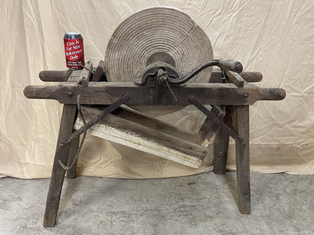 C & S Co. 14" Stone Sharpening Wheel with Crank on Wooden Stand