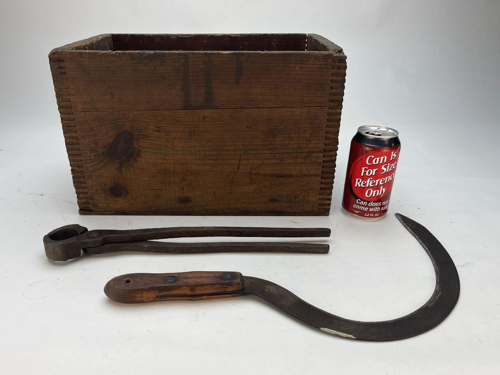 Blacksmith Tongs, Sickle, Wooden Ammo Box